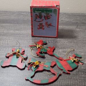 Set of Plaid Wood Christmas Colored Ornaments Reindeer Rocking Horse Goose Bear